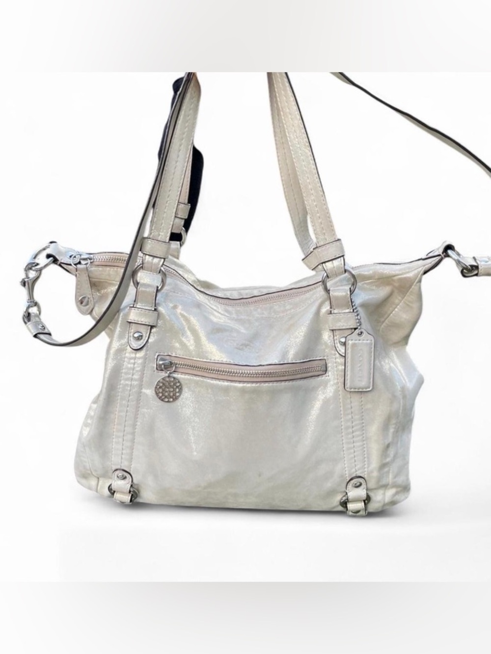 Shimmery Ivory Tote Bag with Front Zip Pocket